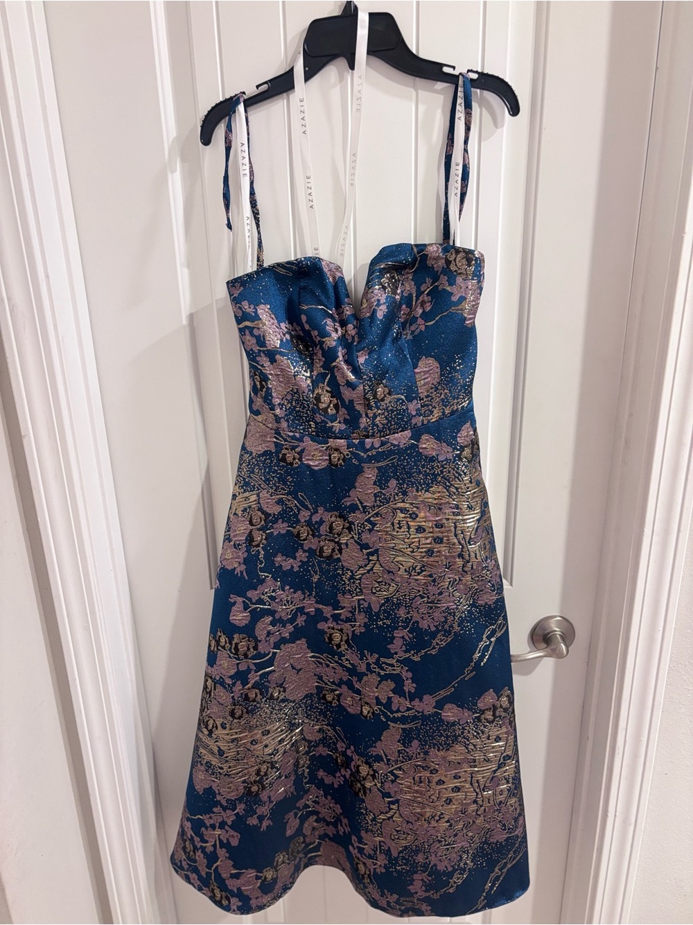 Azazie Teal and Gold Strapless Jacquard Fit & Flare Dress